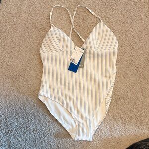 H&M White One-Piece Swimsuit with Blue Pinstripes